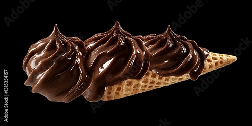 La escena muestra un cono de helado con varias capas de chocolate, brillante y apetitoso. photo