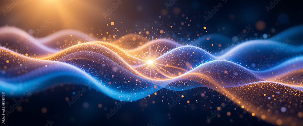 Fototapeta premium Abstract shimmering wavy golden field overlapping in blue, purple, yellow and white confront each other and collision create glowing sparkling light in a dark blue background, minimalist, quantum tech