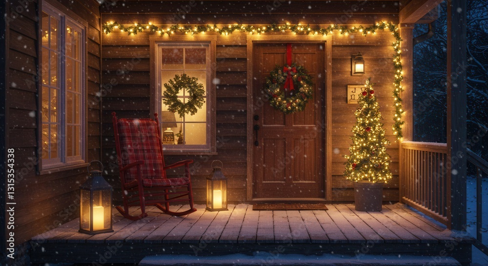 Obraz premium Festive Christmas Porch with Glowing Lights and Falling Snow Ambience
