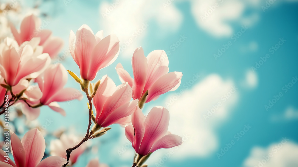 Fototapeta premium Blooming magnolia flowers under a clear blue sky in springtime