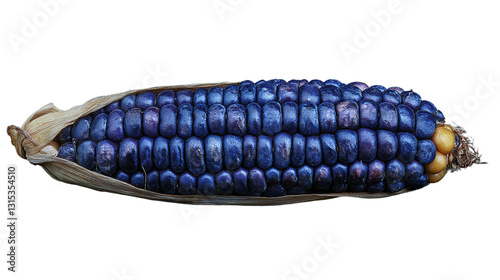 Blue corn cob isolated, showcasing an organic maize variety with unique purple hues, perfect for promoting healthy, colorful, and fresh vegetable ingredients.