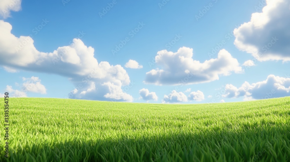Serene Green Meadow under a Bright Blue Sky with Fluffy White Clouds Serene Green Meadow under a Bright Blue Sky with Fluffy White Clouds