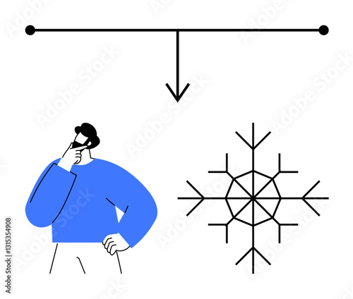 Black arrow splits into snowflake diagram and thinking person in blue shirt. Ideal for decision-making, problem-solving, choices, flowchart, planning, balance, creativity. Flat simple metaphor