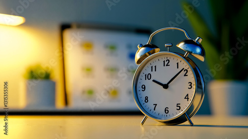 An alarm clock sitting on top of a desk next to a laptop computer