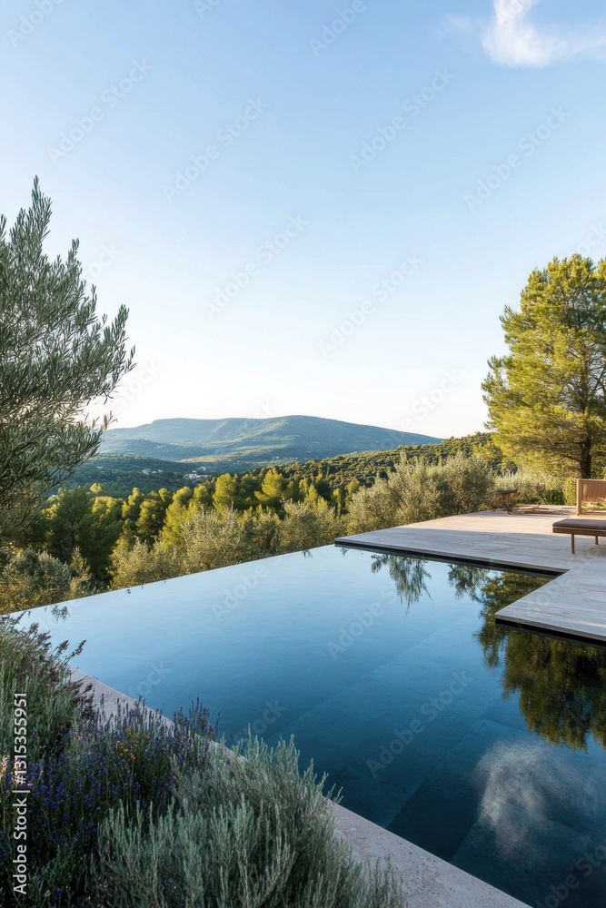 A breathtaking scenic view showcases an infinity pool that seamlessly blends with nature, encircled by vibrant green foliage and majestic mountains under the bright daylight A breathtaking scenic view showcases an infinity pool that seamlessly blends with nature, encircled by vibrant green foliage and majestic mountains under the bright daylight