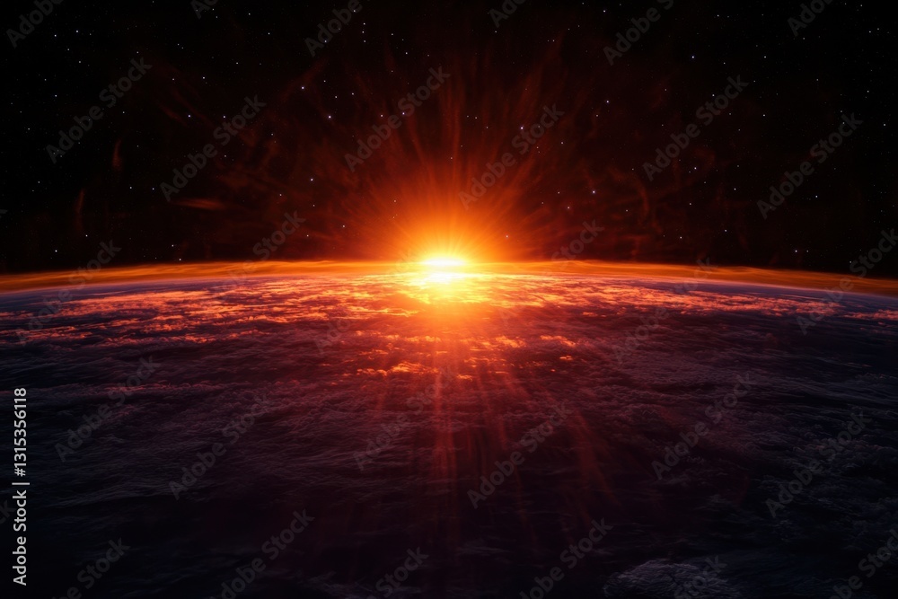 Sunrise over Earth from space with vibrant colors illuminating the horizon Sunrise over Earth from space with vibrant colors illuminating the horizon