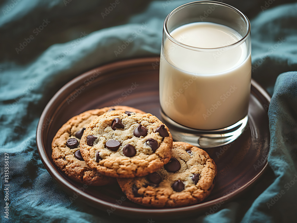 Cold Milk with Warm Chocolate Chip Cookies on Ceramic Plate Cold Milk with Warm Chocolate Chip Cookies on Ceramic Plate