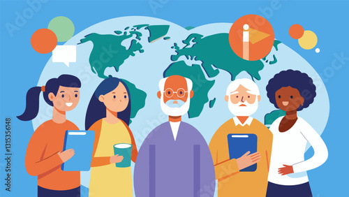 A team of researchers conducts a survey on the attitudes and perceptions towards aging in different cultures around the world.. Vector illustration