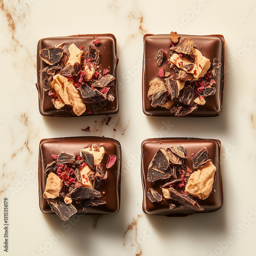 Four small squares of dark chocolate with dried rose petals and red sprinkles photo