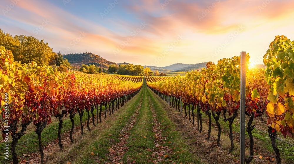 Fototapeta premium Vineyard with rows of grapevines in autumn colors, featuring vibrant yellow, orange, red leaves. Hills in the background under partly cloudy sky. Autumn harvest wine production theme. Generative AI