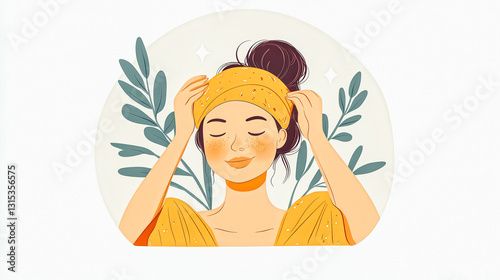 A woman is wearing a yellow bandana and is smiling