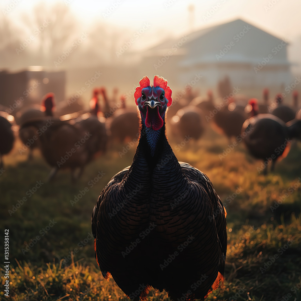 Free-Range Turkeys Roaming a Rural Farm at Sunrise