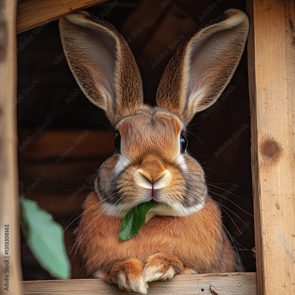 Portrait of a Flemish Grey Rabbit Eating in Its Enclosure