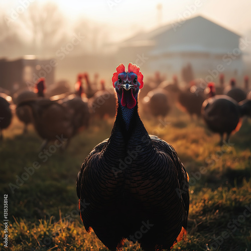 Obraz na płótnie Free-Range Turkeys Roaming a Rural Farm at Sunrise w salonie