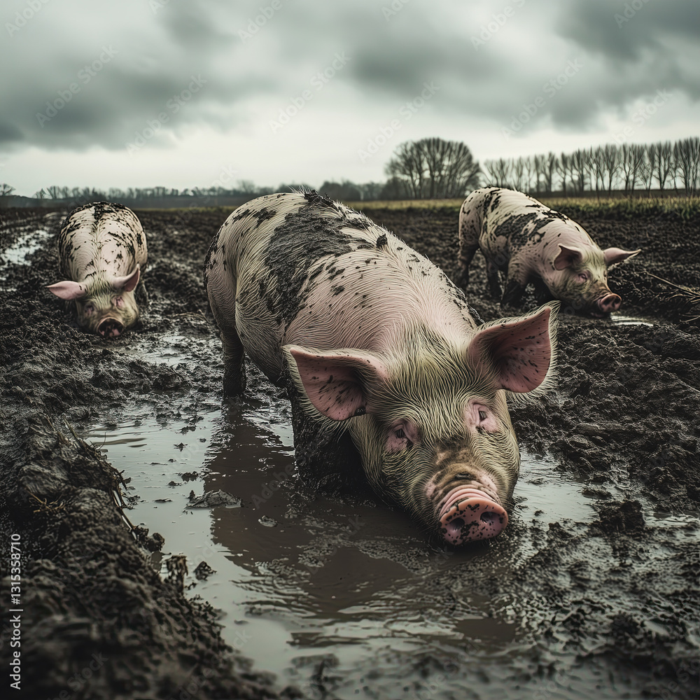 Group of Pigs Digging in Muddy Soil