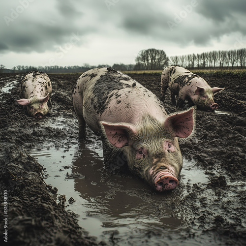 Obraz na płótnie Group of Pigs Digging in Muddy Soil w salonie