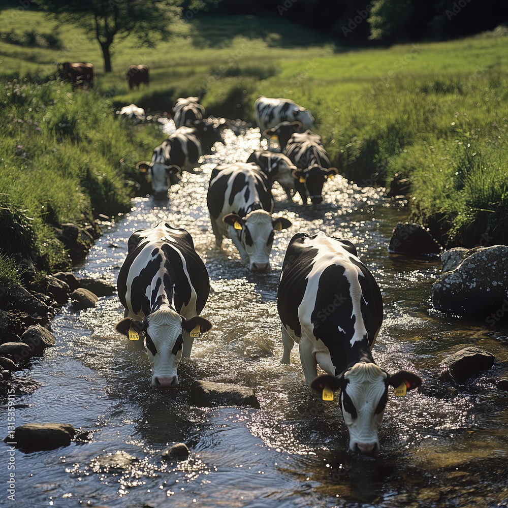 Herd of Dairy Cows Wading Through a Shallow Stream