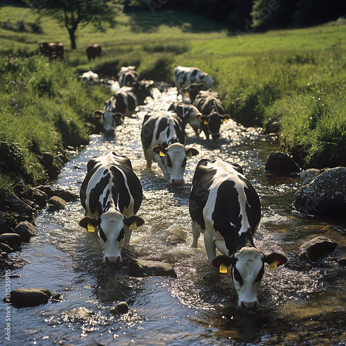 Obraz na płótnie Herd of Dairy Cows Wading Through a Shallow Stream w salonie