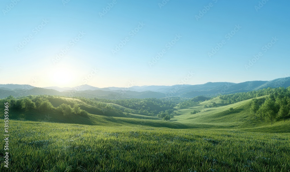 Fototapeta premium Scenic view of rolling green hills under a clear blue sky, illuminated by warm sunlight creating a peaceful rural landscape