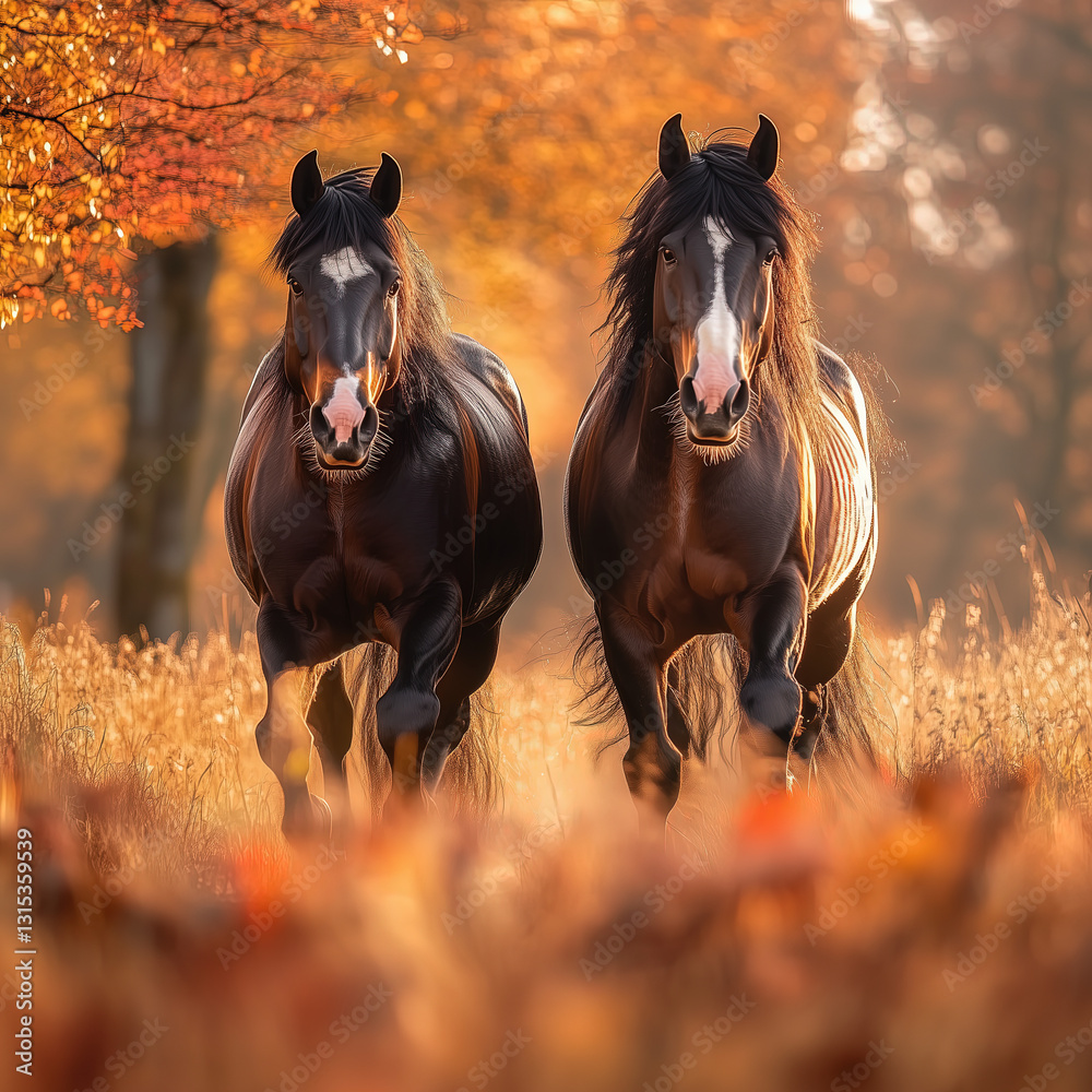 Pair of Brown Shire Horses in a Golden Autumn Landscape