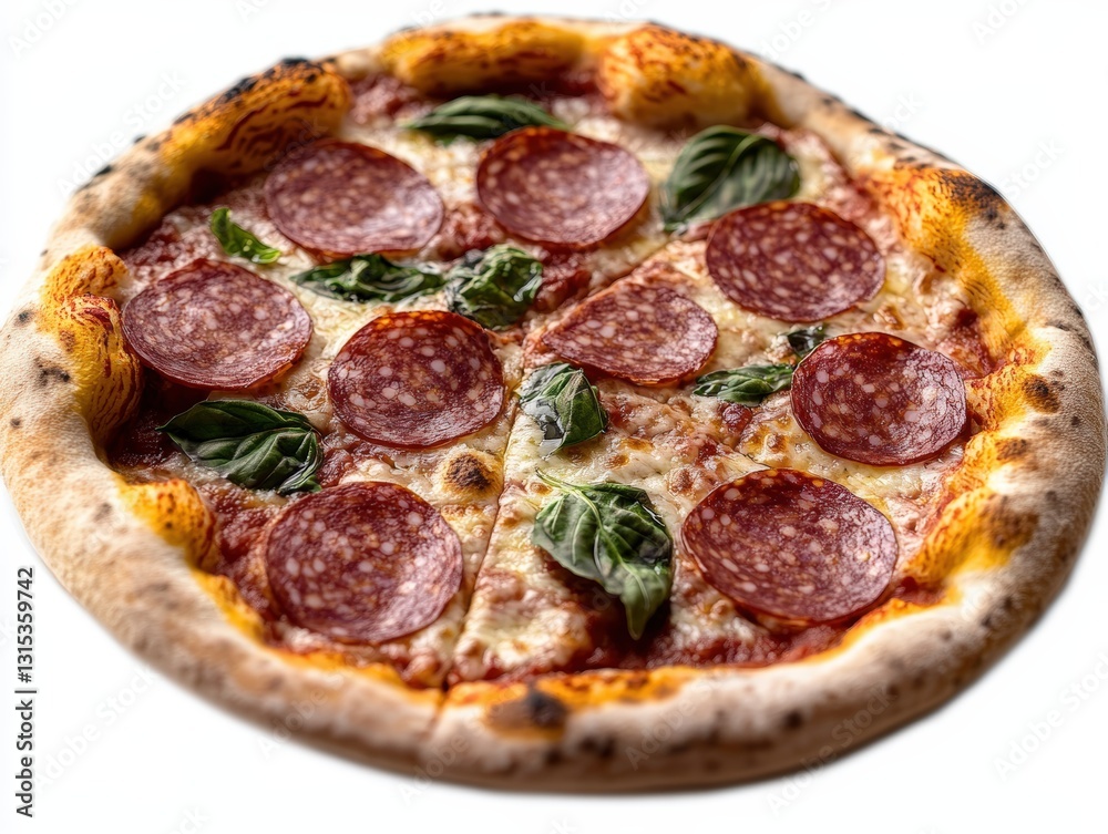 A tasty pizza topped generously with pepperoni and fresh basil leaves on a clean white background for food lovers A tasty pizza topped generously with pepperoni and fresh basil leaves on a clean white background for food lovers