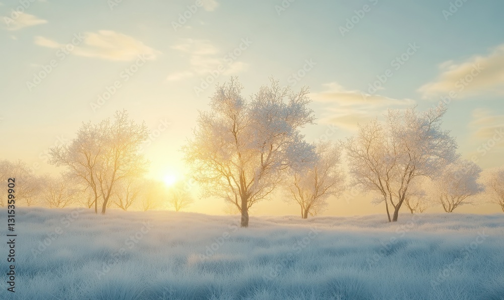 Serene glowing winter landscape with frosted trees and a soft golden horizon, creating a peaceful and magical atmosphere Serene glowing winter landscape with frosted trees and a soft golden horizon, creating a peaceful and magical atmosphere