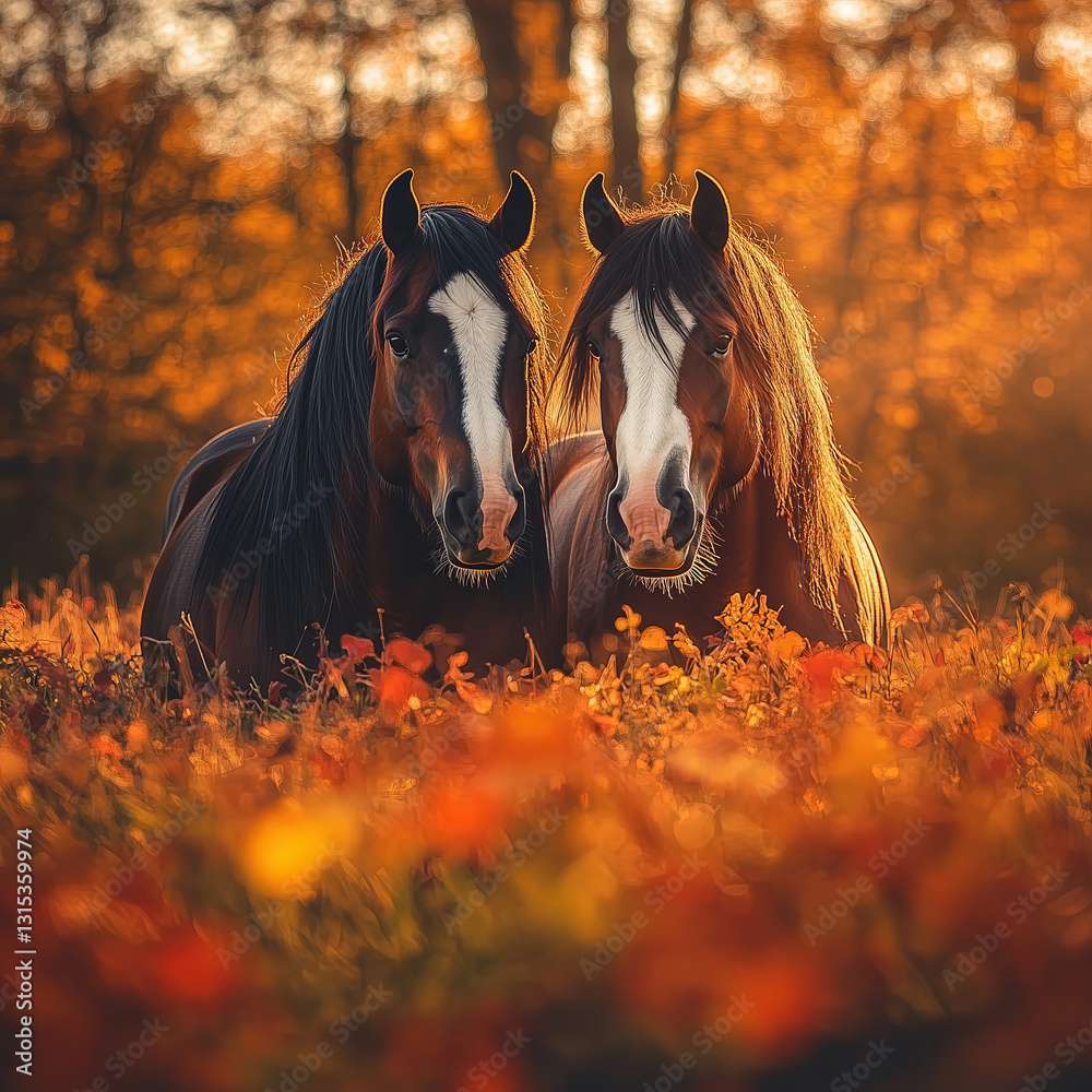 Pair of Brown Shire Horses in a Golden Autumn Landscape