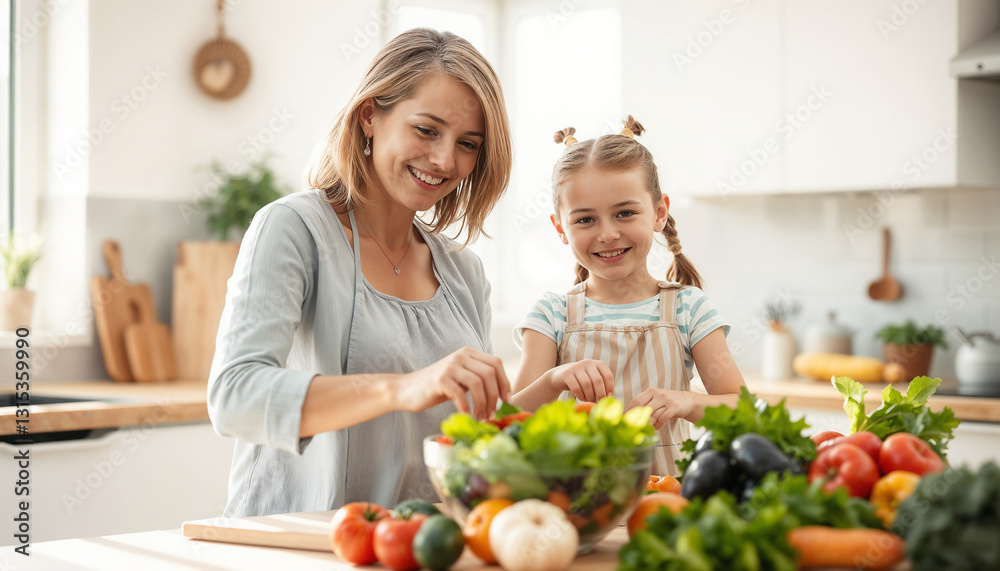 A cheerful mother and her young daughter collaborating in the kitchen to prepare a healthy meal using fresh vegetables. The scene emphasizes family bonding, healthy living, and joyful cooking A cheerful mother and her young daughter collaborating in the kitchen to prepare a healthy meal using fresh vegetables. The scene emphasizes family bonding, healthy living, and joyful cooking
