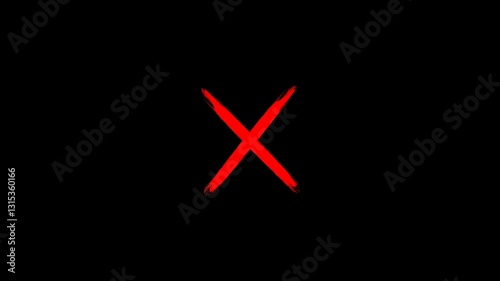 Red cross mark animation. Wrong mark collection. Red cross X symbol. Animated hand-drawn red cross with a brush. Red cross sign on black background animation.