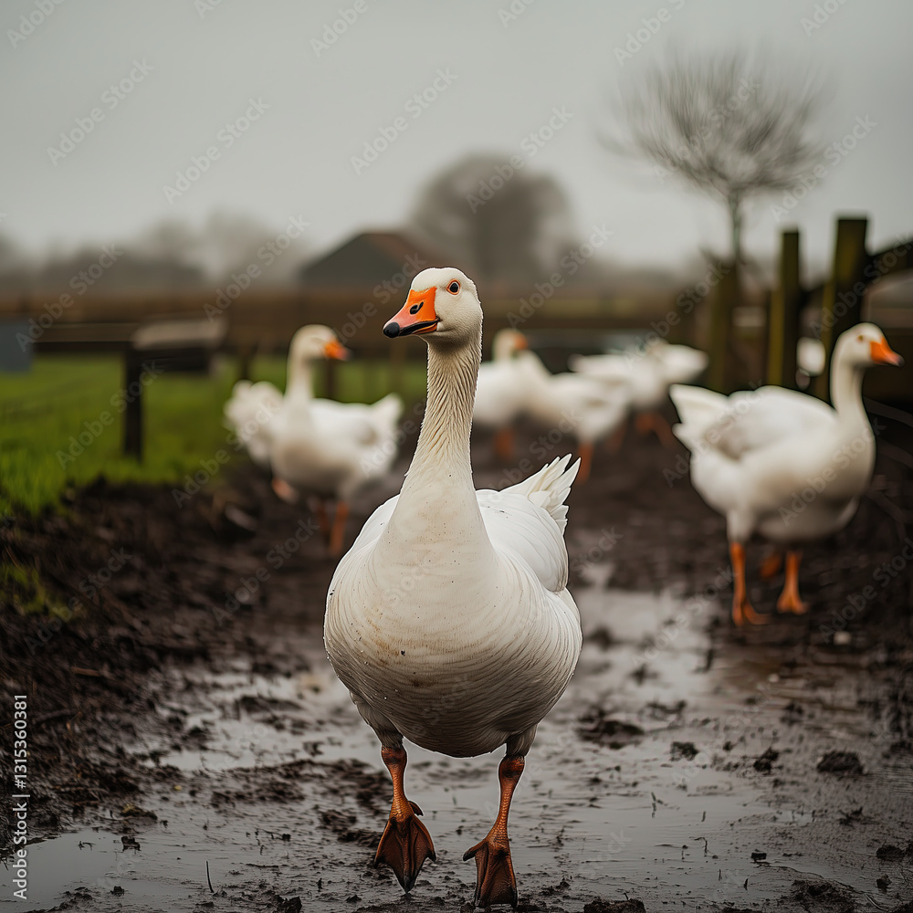 Group of Domestic Geese Waddling Through a Muddy Farmyard