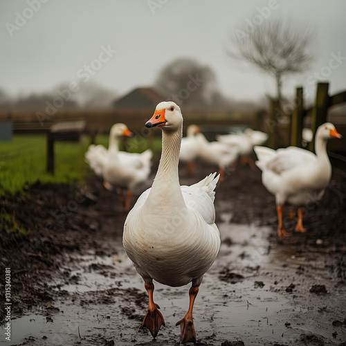 Obraz na płótnie Group of Domestic Geese Waddling Through a Muddy Farmyard w salonie