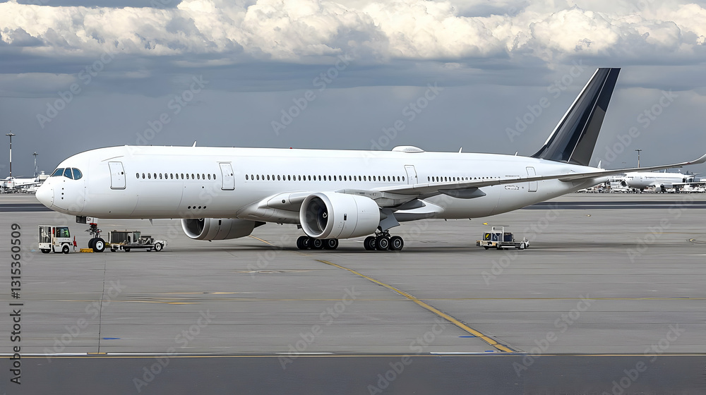 Sleek White Passenger Airplane Taxiing on Airport Tarmac Under Cloudy Sky Sleek White Passenger Airplane Taxiing on Airport Tarmac Under Cloudy Sky