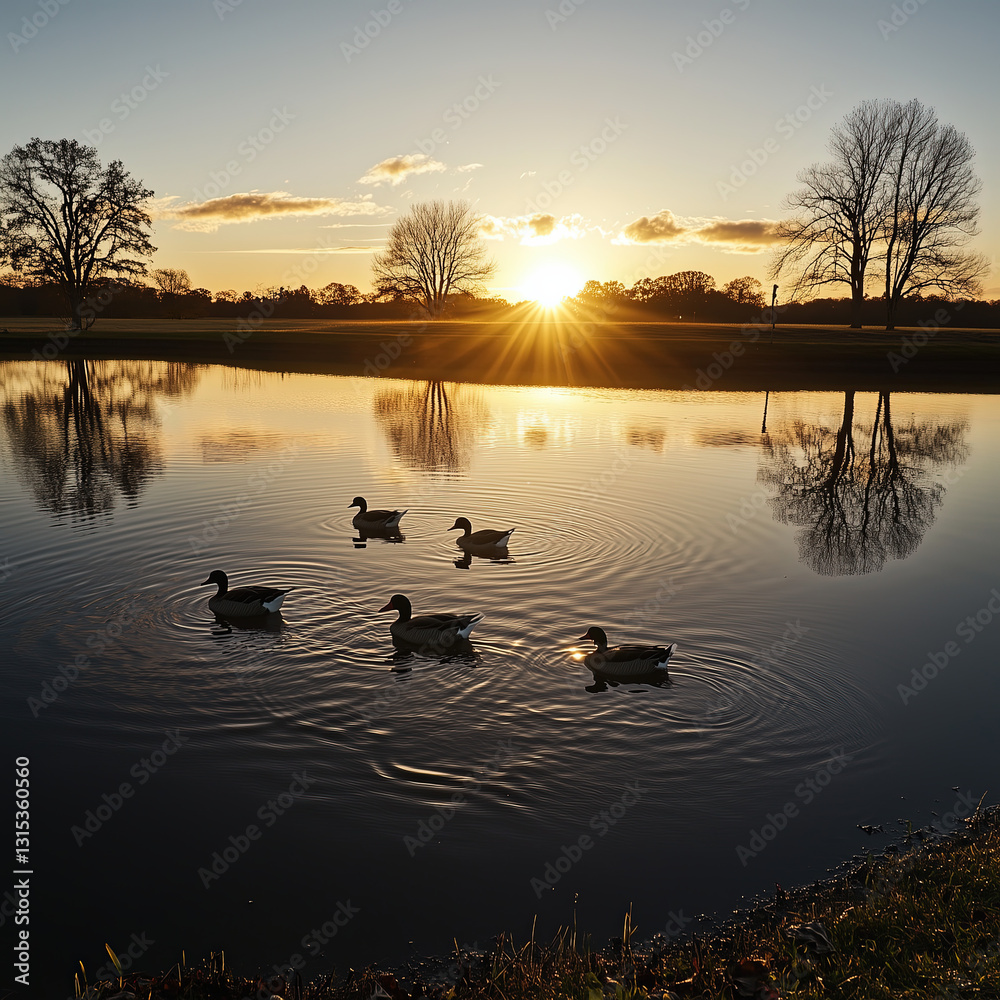 Ducks Swimming on a Pond at Sunrise