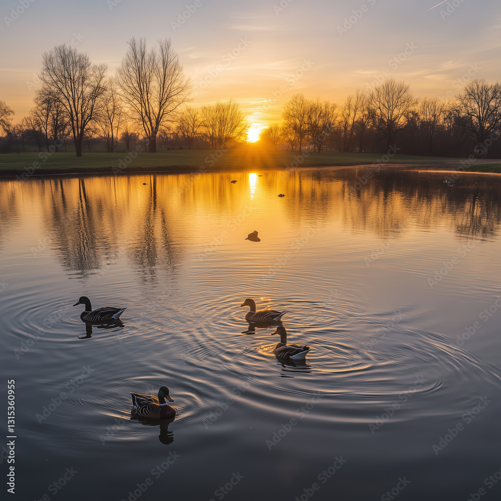 Ducks Swimming on a Pond at Sunrise