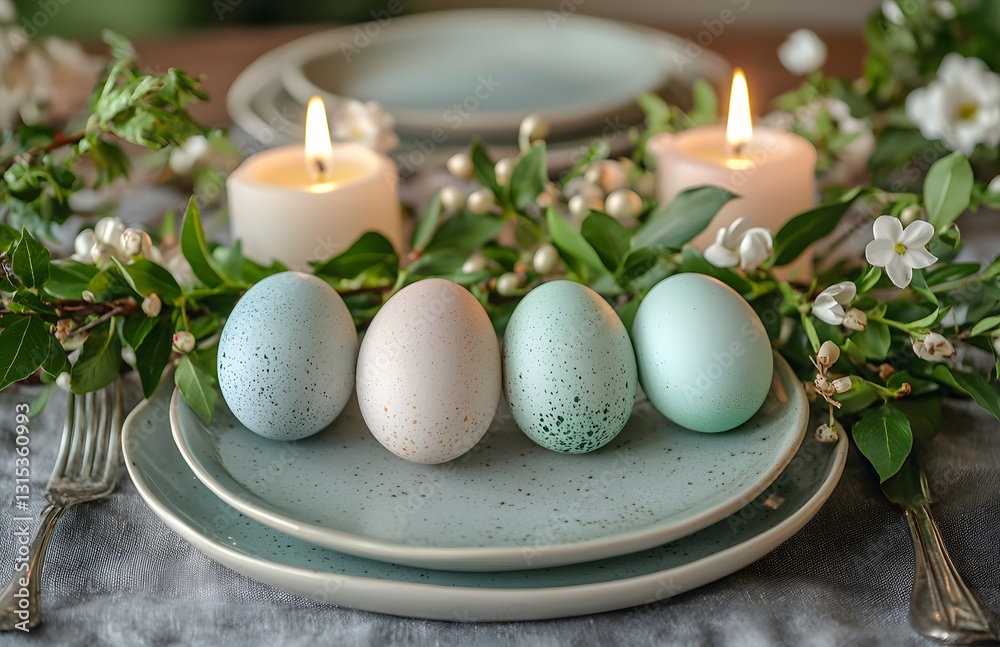 Easter table setting featuring pastel eggs and elegant candles. Generative AI