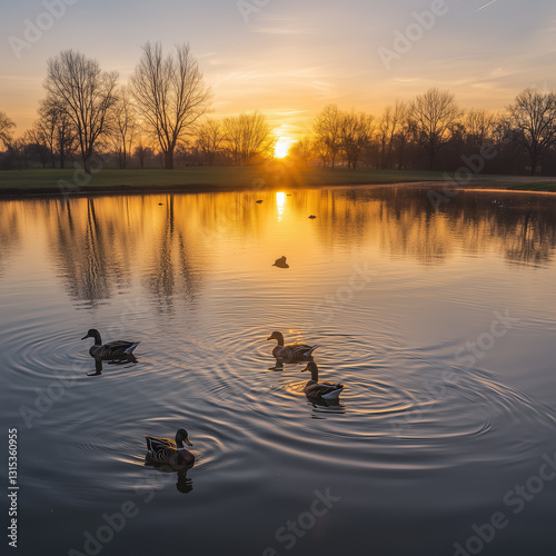 Obraz na płótnie Ducks Swimming on a Pond at Sunrise w salonie
