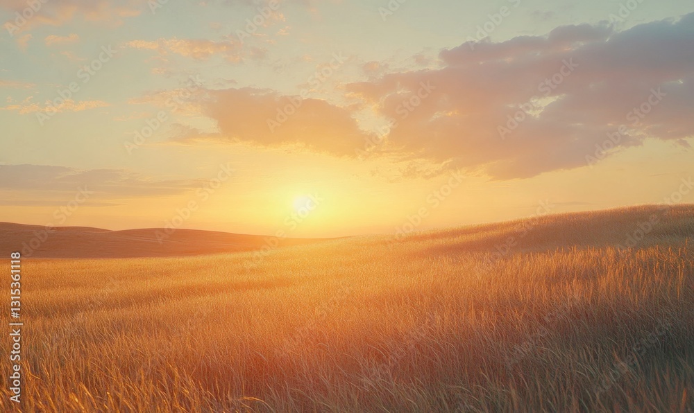 Fototapeta premium Serene rural landscape with golden wheat fields glowing under a warm sunset, creating a nostalgic and tranquil atmosphere