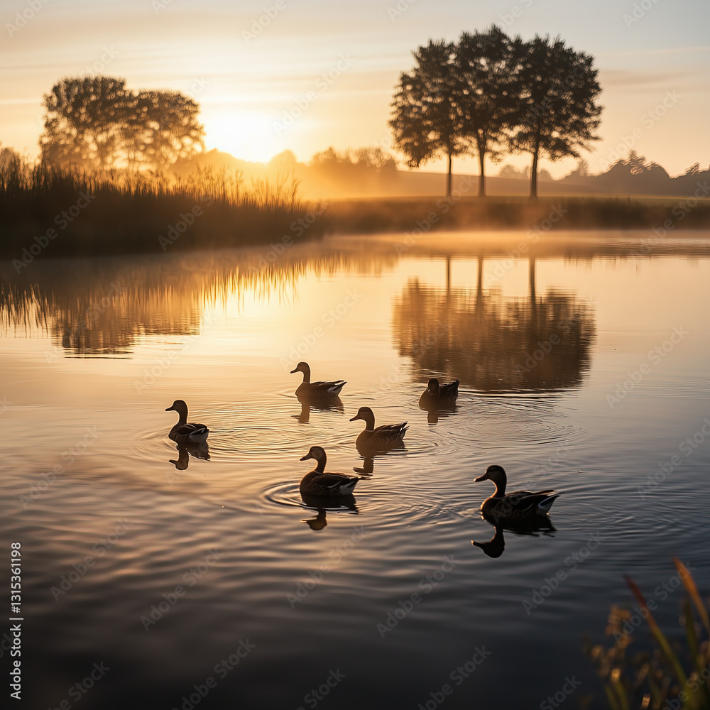 Ducks Swimming on a Pond at Sunrise