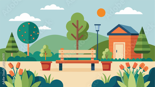 At the entrance of the community garden a cozy bench offers a spot for neighbors to come together and share gardening tips and tricks.. Vector illustration