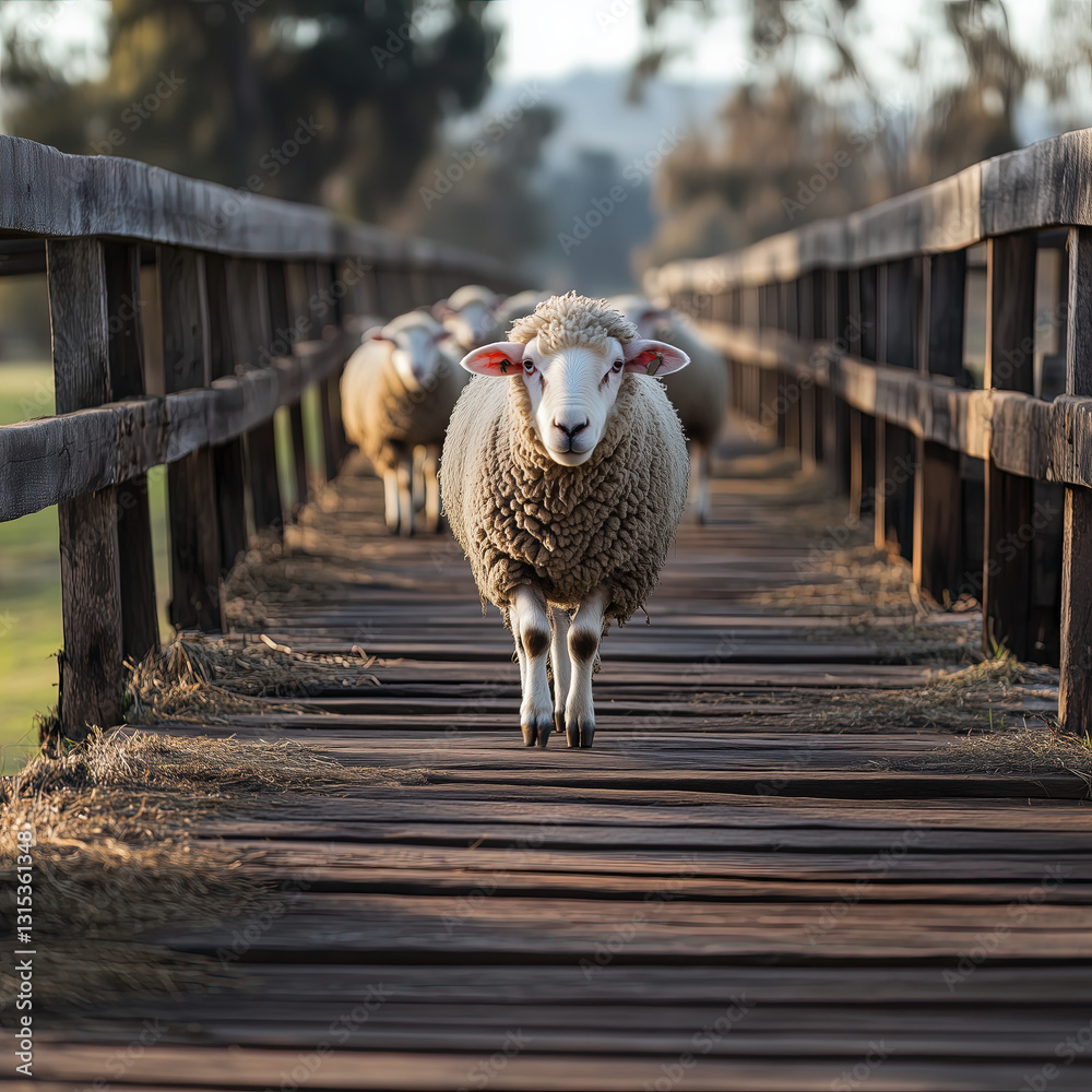 Herd of Sheep Crossing a Rustic Wooden Bridge