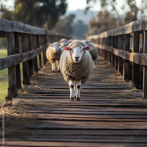 Obraz na płótnie Herd of Sheep Crossing a Rustic Wooden Bridge w salonie