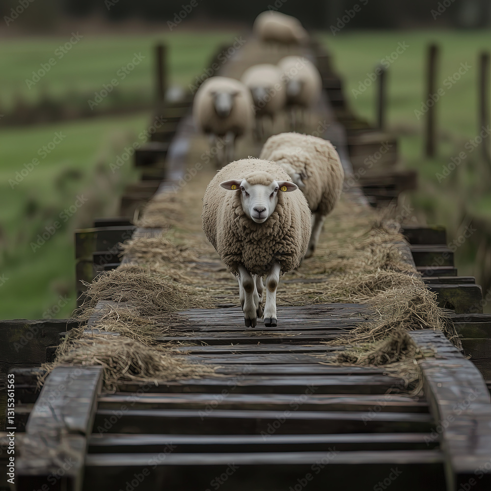 Herd of Sheep Crossing a Rustic Wooden Bridge
