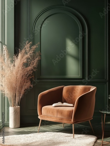 A cozy interior scene with a stylish green wall and chair photo