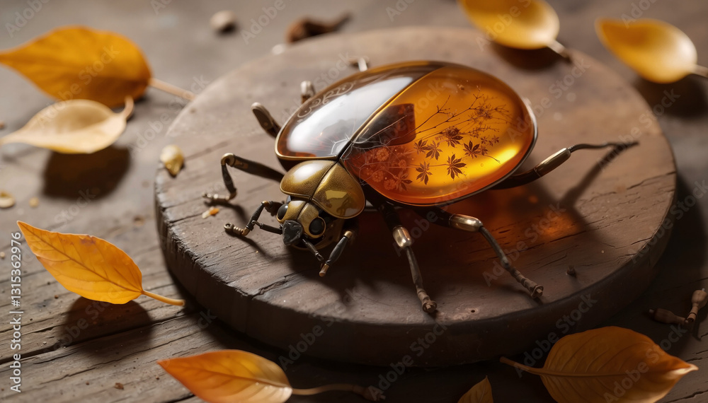 Fototapeta premium Amber beetle brooch embedded in resin displayed on a wooden surface with autumn leaves 