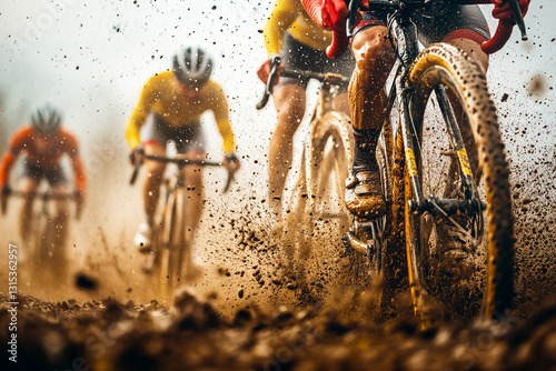 intense off-road cycling race with mud splashes and determined riders