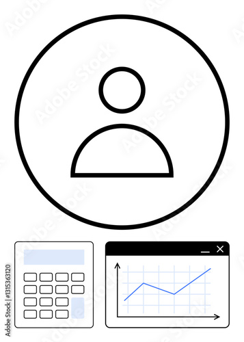 User avatar enclosed in a circle alongside financial tools - a calculator and a chart showing upward trends. Ideal for finance, analytics, growth, productivity, user data, management, flat simple