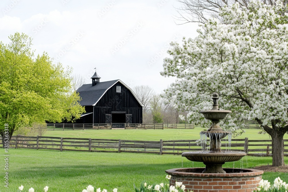 Fototapeta premium A charming black barn stands proudly next to a picturesque fountain, with vibrant blossoming trees all around, creating a serene rural landscape in the lush greenery of a spring afternoon
