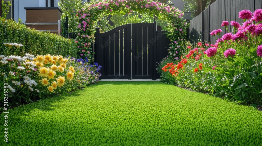Fototapeta premium Beautiful garden with vibrant flowers and green grass in the small backyard of an English townhouse