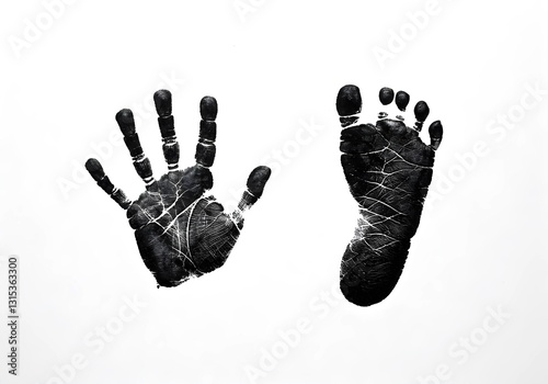 Handprint and Footprint in Black Ink on Pure White Background