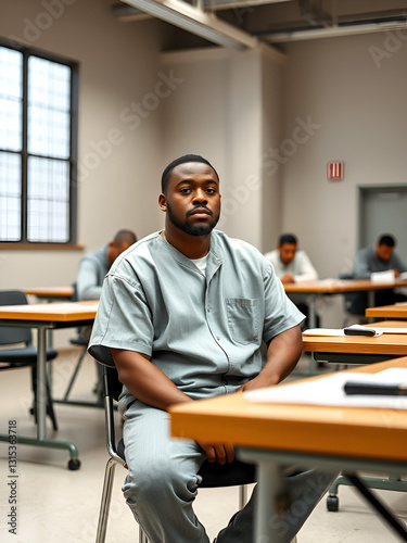 A former inmate sitting in a job training class as part of a reentry program, isolated on a white background